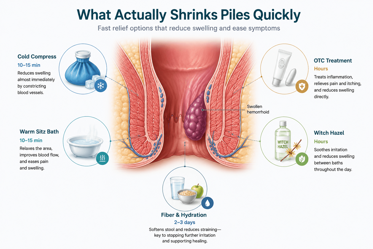 How to shrink piles quickly: medical diagram showing a swollen hemorrhoid and fast relief options including cold compress, warm sitz bath, OTC treatment, witch hazel, and fiber and hydration.