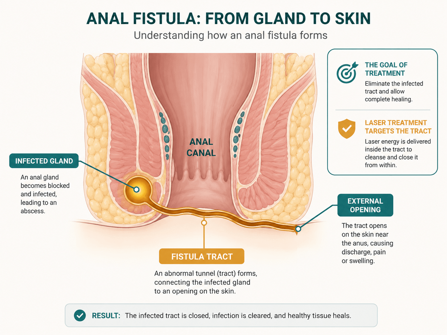 Diagram showing how an anal fistula forms, from an infected gland to the skin, including the fistula tract and external opening.