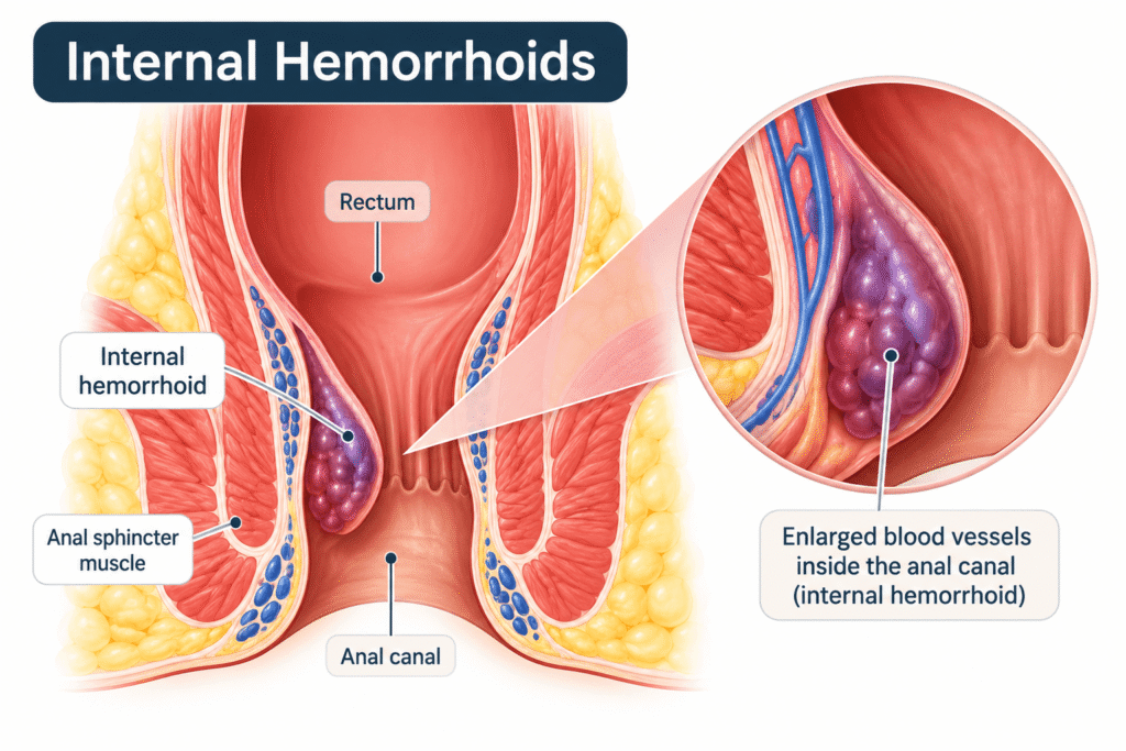 Internal hemorrhoids diagram showing swollen blood vessels inside the anal canal and rectum.
