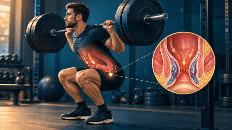 Medical illustration showing how heavy weightlifting and straining can increase pressure on the rectal area and contribute to hemorrhoids.